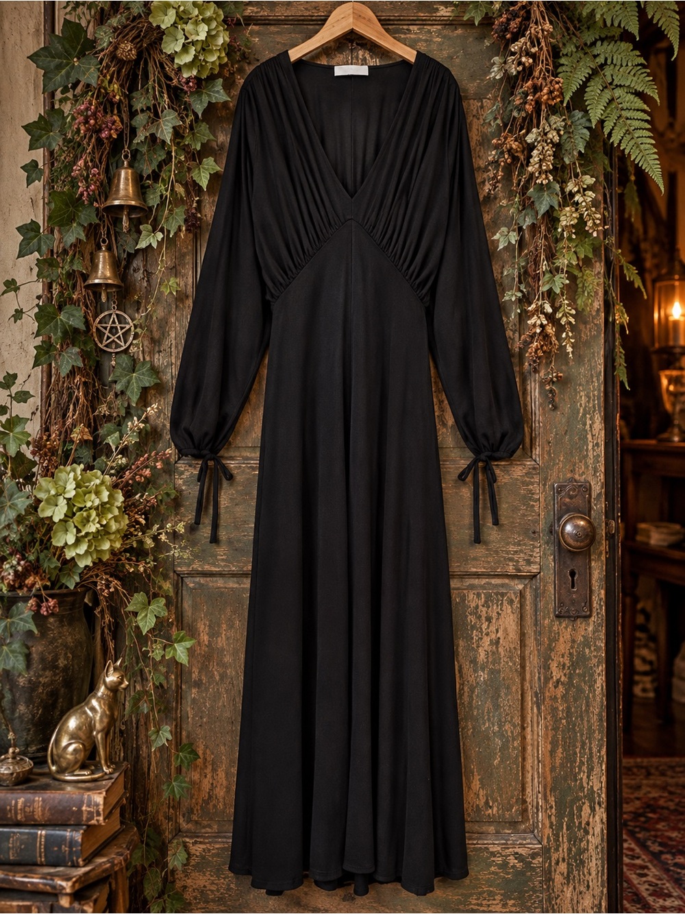 NWT Zara Black V-Neck Knit Maxi Dress Tie Cuffs Size M